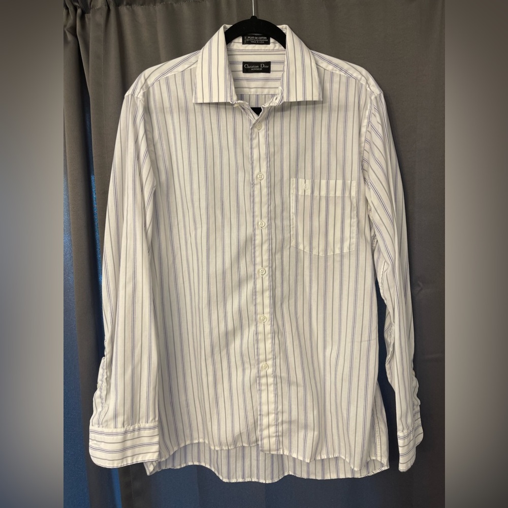 Christian Dior White/Gray & Blue Striped Men’s Button/Embroidered Dress Shirt